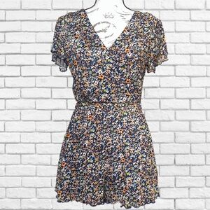 Altar'd State Black and Blue Flutter Sleeve V-Neck Romper